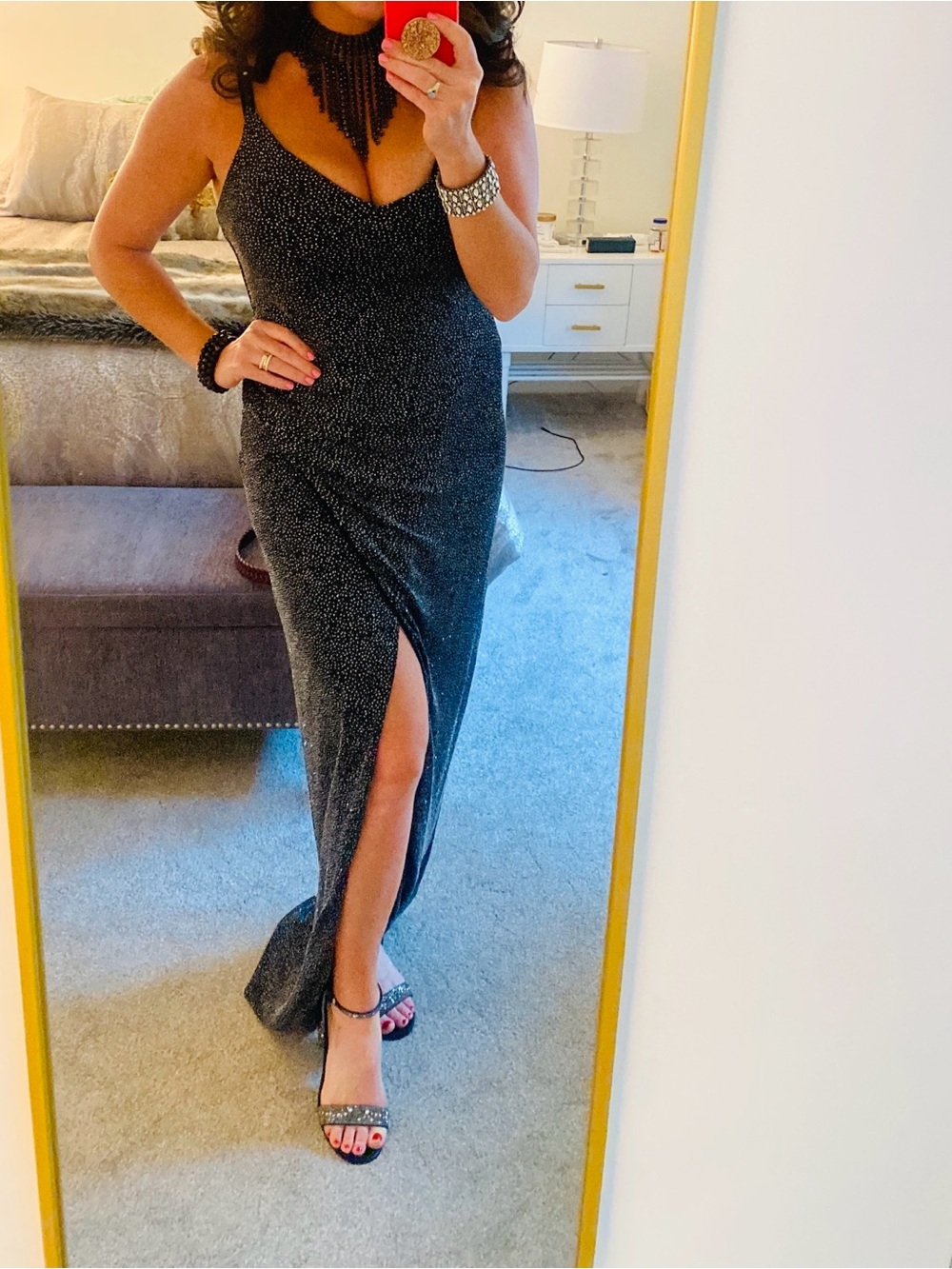 Betsy & Adam Black Sparkle Evening Gown